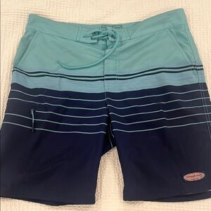Vineyard Vines Aqua and Navy Striped Board Shorts